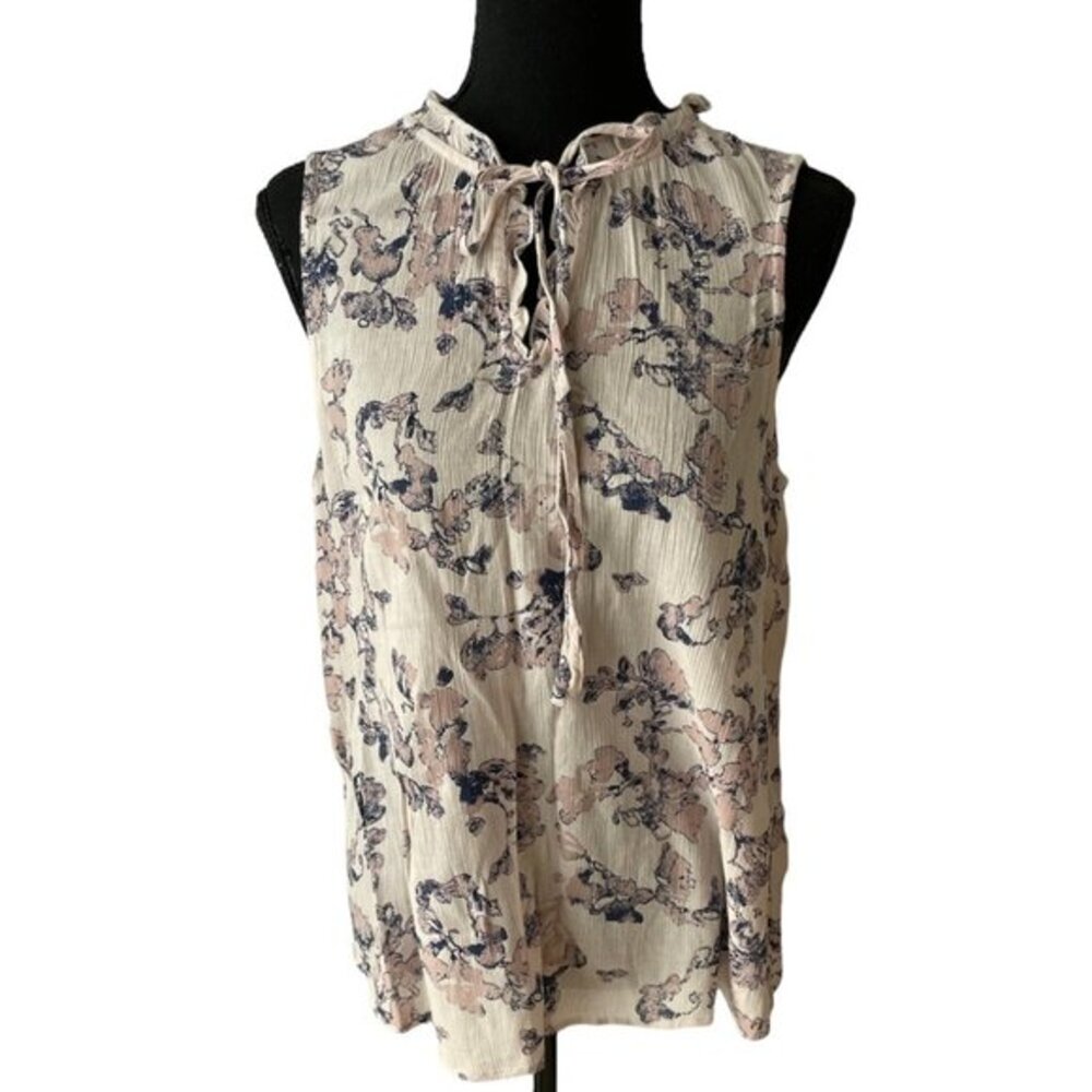 Caslon‎ Floral Sleeveless Blouse Cream Pink Navy Ruffle Neck Keyhole Tie Top
